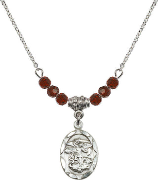 18" Rhodium Plated Necklace with 4mm Garnet Crystal Beads featuring a Sterling Silver Saint Michael the Archangel Medal.