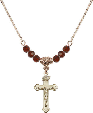18" Hamilton Gold Plated Necklace with 4mm Garnet Crystal Beads featuring a 14kt Gold Filled Crucifix Medal.