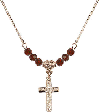 18" Hamilton Gold Plated Necklace with 4mm Garnet Crystal Beads featuring a 14kt Gold Filled Cross Medal.