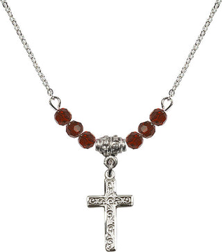 18" Rhodium Plated Necklace with 4mm Garnet Crystal Beads featuring a Sterling Silver Cross Medal.