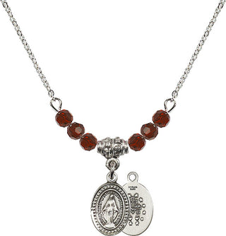 18" Rhodium Plated Necklace with 4mm Garnet Crystal Beads featuring a Sterling Silver Miraculous Medal.