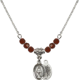 18" Rhodium Plated Necklace with 4mm Garnet Crystal Beads featuring a Sterling Silver Miraculous Medal.