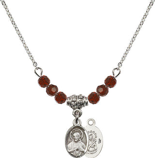18" Rhodium Plated Necklace with 4mm Garnet Crystal Beads featuring a Sterling Silver Scapular Medal.