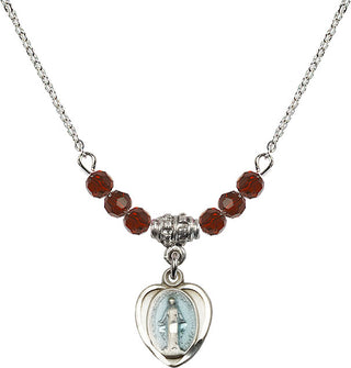 18" Rhodium Plated Necklace with 4mm Garnet Crystal Beads featuring a Sterling Silver Miraculous Medal.
