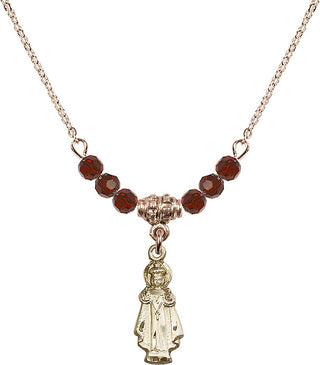18" Hamilton Gold Plated Necklace with 4mm Garnet Crystal Beads featuring a 14kt Gold Filled Infant of Prague Medal.