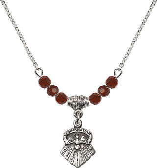 18" Rhodium Plated Necklace with 4mm Garnet Crystal Beads featuring a Sterling Silver Seven Gifts Medal.