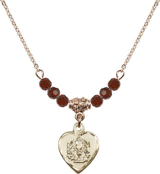 18" Hamilton Gold Plated Necklace with 4mm Garnet Crystal Beads featuring a 14kt Gold Filled Heart / Communion Medal.