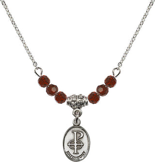 18" Rhodium Plated Necklace with 4mm Garnet Crystal Beads featuring a Sterling Silver Matrimony Medal.