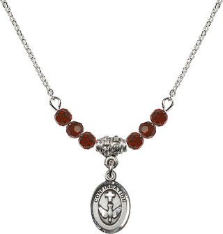 18" Rhodium Plated Necklace with 4mm Garnet Crystal Beads featuring a Sterling Silver Confirmation Medal.