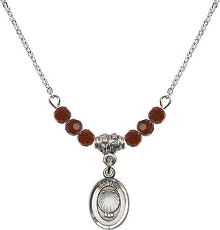 18" Rhodium Plated Necklace with 4mm Garnet Crystal Beads featuring a Sterling Silver Baptism Medal.