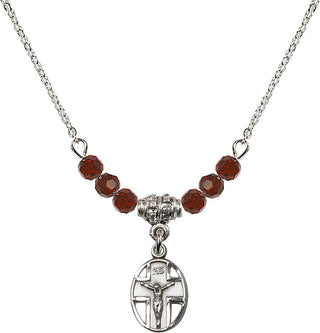 18" Rhodium Plated Necklace with 4mm Garnet Crystal Beads featuring a Sterling Silver Crucifix Medal.