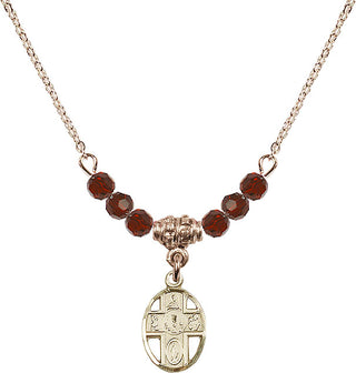 18" Hamilton Gold Plated Necklace with 4mm Garnet Crystal Beads featuring a 14kt Gold Filled 5-Way / Chalice Medal.