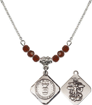 18" Rhodium Plated Necklace with 4mm Garnet Crystal Beads featuring a Sterling Silver Air Force Diamond Medal.