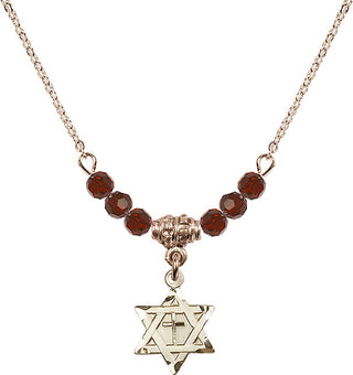 18" Hamilton Gold Plated Necklace with 4mm Garnet Crystal Beads featuring a 14kt Gold Filled Star of David with Cross Medal.