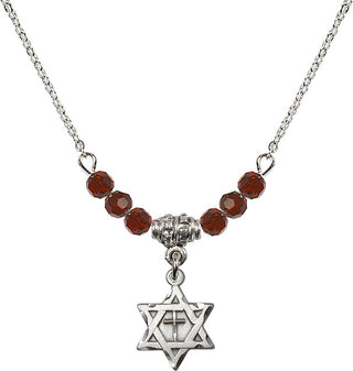 18" Rhodium Plated Necklace with 4mm Garnet Crystal Beads featuring a Sterling Silver Star of David with Cross Medal.