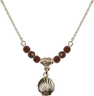 18" Hamilton Gold Plated Necklace with 4mm Garnet Crystal Beads featuring a 14kt Gold Filled Shell Medal.
