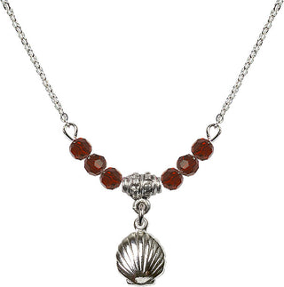 18" Rhodium Plated Necklace with 4mm Garnet Crystal Beads featuring a Sterling Silver Shell Medal.