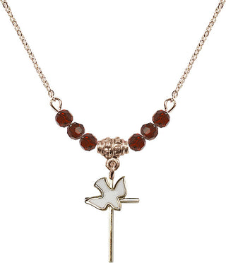 18" Hamilton Gold Plated Necklace with 4mm Garnet Crystal Beads featuring a 14kt Gold Filled Cross / Holy Spirit Medal.