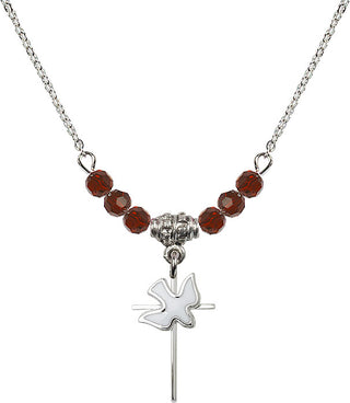 18" Rhodium Plated Necklace with 4mm Garnet Crystal Beads featuring a Sterling Silver Cross / Holy Spirit Medal.