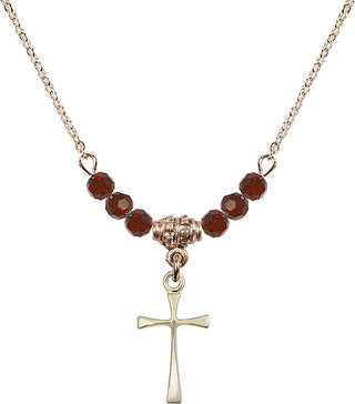 18" Hamilton Gold Plated Necklace with 4mm Garnet Crystal Beads featuring a 14kt Gold Filled Maltese Cross Medal.