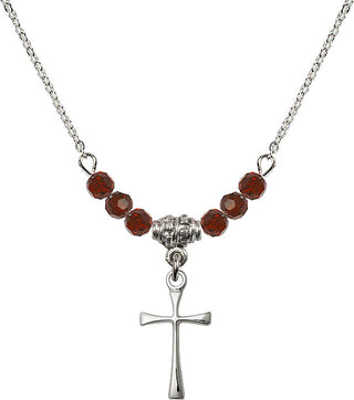 18" Rhodium Plated Necklace with 4mm Garnet Crystal Beads featuring a Sterling Silver Maltese Cross Medal.