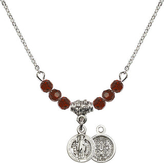 18" Rhodium Plated Necklace with 4mm Garnet Crystal Beads featuring a Sterling Silver Saint Benedict Medal.
