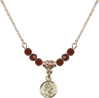 18" Hamilton Gold Plated Necklace with 4mm Garnet Crystal Beads featuring a 14kt Gold Filled Saint Christopher Medal.