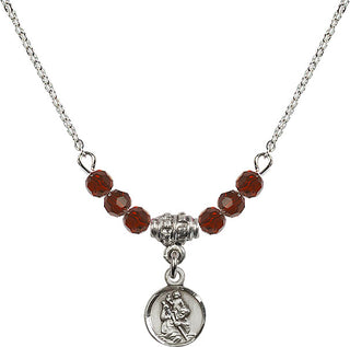 18" Rhodium Plated Necklace with 4mm Garnet Crystal Beads featuring a Sterling Silver Saint Christopher Medal.