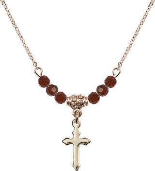 18" Hamilton Gold Plated Necklace with 4mm Garnet Crystal Beads featuring a 14kt Gold Filled Cross Medal.