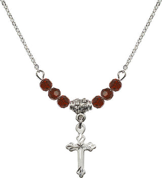 18" Rhodium Plated Necklace with 4mm Garnet Crystal Beads featuring a Sterling Silver Cross Medal.