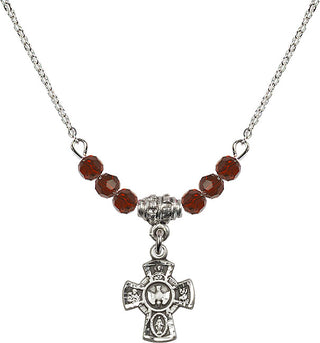 18" Rhodium Plated Necklace with 4mm Garnet Crystal Beads featuring a Sterling Silver 5-Way Medal.
