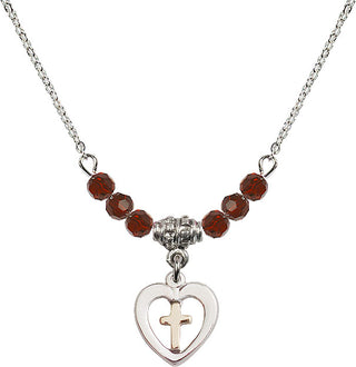 18" Rhodium Plated Necklace with 4mm Garnet Crystal Beads featuring a Gold Filled / Sterling Silver Heart / Cross Medal.