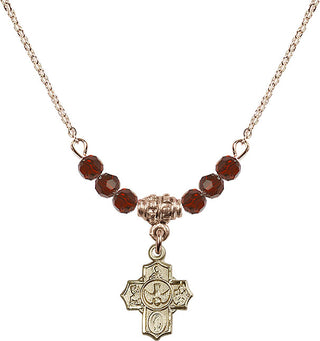 18" Hamilton Gold Plated Necklace with 4mm Garnet Crystal Beads featuring a 14kt Gold Filled 5-Way Medal.