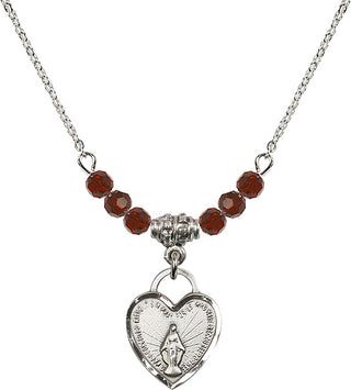 18" Rhodium Plated Necklace with 4mm Garnet Crystal Beads featuring a Sterling Silver Miraculous Heart Medal. Engraved Catholic Saint Jewelry