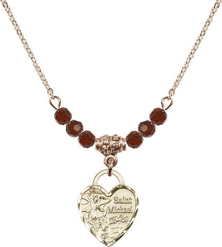 18" Hamilton Gold Plated Necklace with 4mm Garnet Crystal Beads featuring a 14kt Gold Filled Saint Michael Heart Medal. Engraved Catholic Saint Jewelry