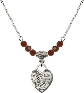 18" Rhodium Plated Necklace with 4mm Garnet Crystal Beads featuring a Sterling Silver Saint Michael Heart Medal. Engraved Catholic Saint Jewelry