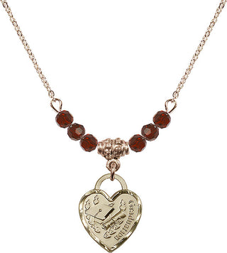 18" Hamilton Gold Plated Necklace with 4mm Garnet Crystal Beads featuring a 14kt Gold Filled Graduation Heart Medal. Engraved Catholic Saint Jewelry