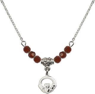 18" Rhodium Plated Necklace with 4mm Garnet Crystal Beads featuring a Sterling Silver Claddagh Medal.