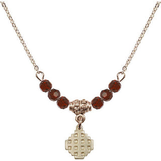 18" Hamilton Gold Plated Necklace with 4mm Garnet Crystal Beads featuring a 14kt Gold Filled Jerusalem Cross Medal.
