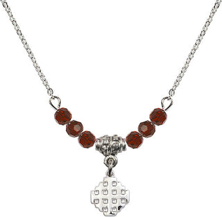 18" Rhodium Plated Necklace with 4mm Garnet Crystal Beads featuring a Sterling Silver Jerusalem Cross Medal.