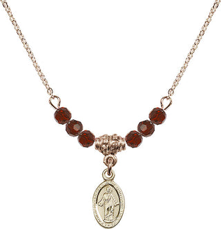 18" Hamilton Gold Plated Necklace with 4mm Garnet Crystal Beads featuring a 14kt Gold Filled Scapular Medal.