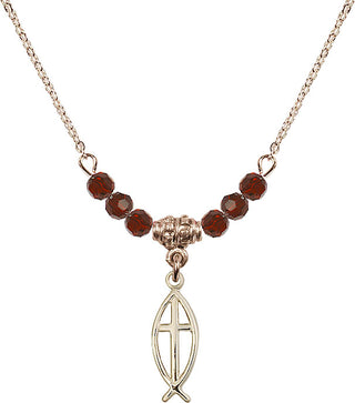 18" Hamilton Gold Plated Necklace with 4mm Garnet Crystal Beads featuring a 14kt Gold Filled Fish / Cross Medal.