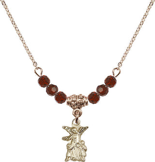 18" Hamilton Gold Plated Necklace with 4mm Garnet Crystal Beads featuring a 14kt Gold Filled Guardian Angel Medal.