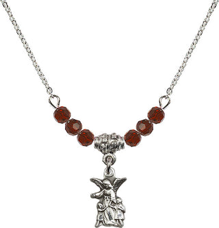 18" Rhodium Plated Necklace with 4mm Garnet Crystal Beads featuring a Sterling Silver Guardian Angel Medal.