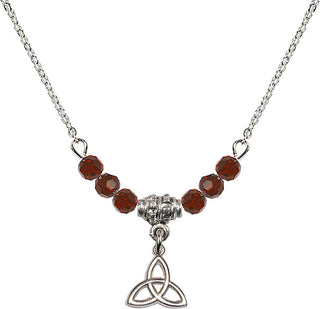 18" Rhodium Plated Necklace with 4mm Garnet Crystal Beads featuring a Sterling Silver Trinity Irish Knot Medal.