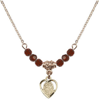 18" Hamilton Gold Plated Necklace with 4mm Garnet Crystal Beads featuring a 14kt Gold Filled Saint Christopher Medal. Engraved Catholic Saint Jewelry
