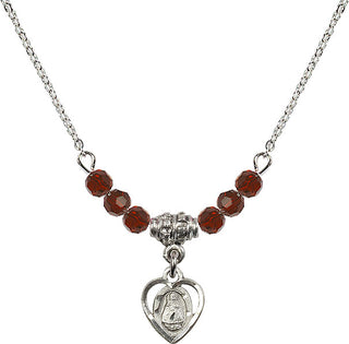 18" Rhodium Plated Necklace with 4mm Garnet Crystal Beads featuring a Sterling Silver Infant Medal. Engraved Catholic Saint Jewelry