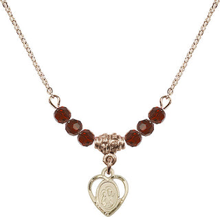 18" Hamilton Gold Plated Necklace with 4mm Garnet Crystal Beads featuring a 14kt Gold Filled Saint Ann Medal. Engraved Catholic Saint Jewelry