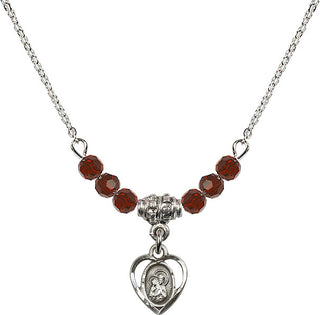 18" Rhodium Plated Necklace with 4mm Garnet Crystal Beads featuring a Sterling Silver Saint Ann Medal. Engraved Catholic Saint Jewelry