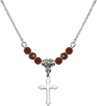 18" Rhodium Plated Necklace with 4mm Garnet Crystal Beads featuring a Sterling Silver Cross Medal.
